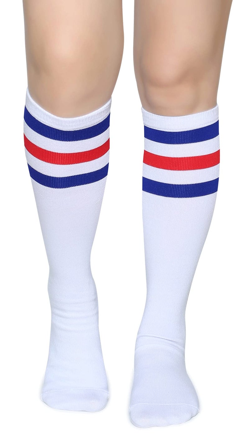 Pareberry Triple Stripes Soft Cotton Knee High Tube Socks for Men and Women (Blue/Red/White) - Image 4